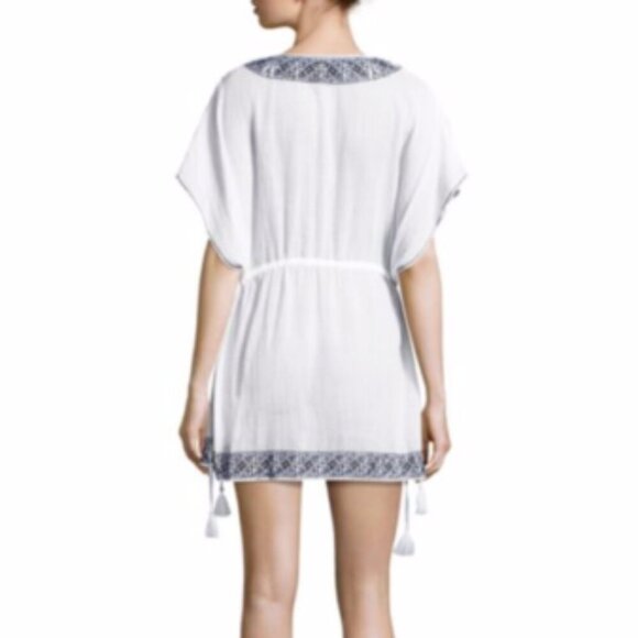 Joie Tunic Beach Dress Coverup M/L White V-Neck Blue Embroidered Cotton Summer - Picture 10 of 11